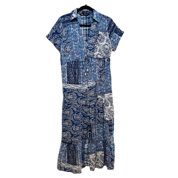 ZARA Blue Paisley Front Button Closure Short Sleeve Midi Shirt Dress Sz S - Picture 4 of 12